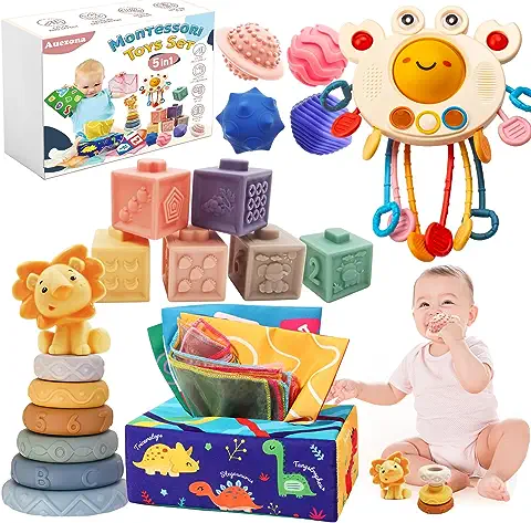 Juguetes Sensoriales Educativos Montessori, 5 en 1, Bloques Apilables, Caja de Pañuelos, Regalo para Bebes y Niños de 6 Meses a 3 Años  