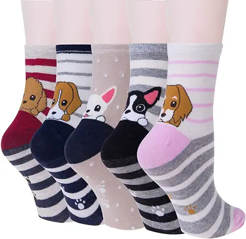 Justay Comf 5 Pares de Calcetines Mujer Divertidos Originales Animales Lindos Estampados Ocasionales de Algodón para Niña y Mujer Talla única Rojo azul  