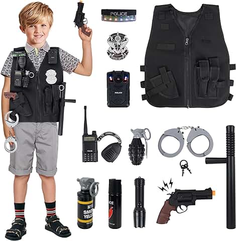 KalaDuck Disfraz Policía Niños, Juego de Rol de Policía Uniforme con Juguetes Accesorios de Policía, 12 Piezas Infantil Halloween Disfraz de Policía Trajes de Regalo  