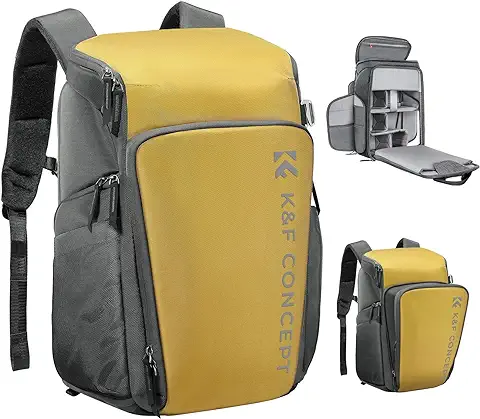 K&F Concept Mochila para Cámara Profesional, Bolsa para Cámara para Fotógrafos, Bolsa para Cámara Impermeable de Gran Capacidad, Gran Estabilidad, Compartimento para Portátil de 16 Pollici, Dorado  