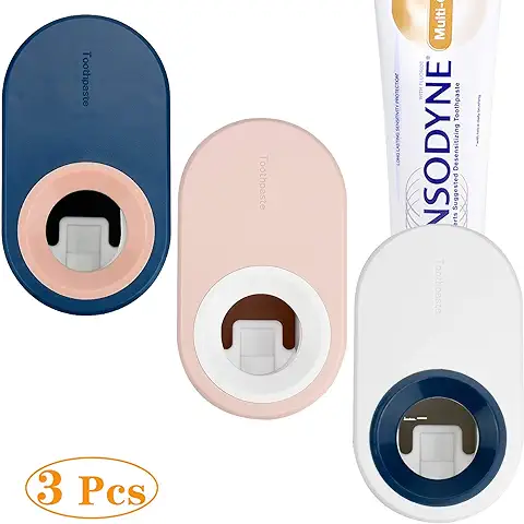 KARAA Portacepillos de Dientes Infantiles, 3pcs Dispensadores Automáticos de Pasta de Dientes, Apretador de Tubos, Montaje en Pared, con Cinta Adhesiva, Azul Rosado Blanco  