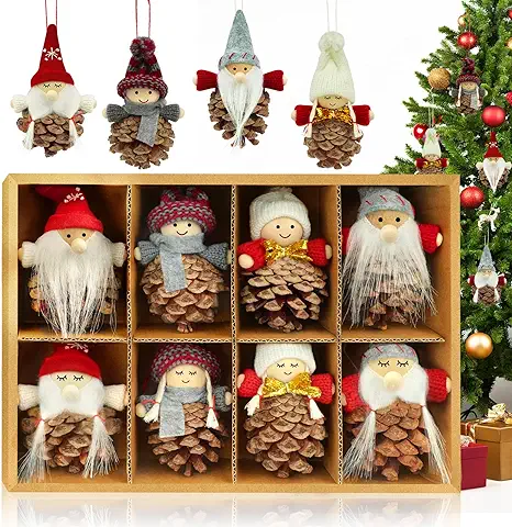 KAZATE Gnomo Adornos de Navidad, Duendes Colgante para Decoracion árbol de Navidad Regalos, 8 Piezas Linda Gnomo Naturales Piñas Muñecos Adornos Navideños para Arbol Manualidades  