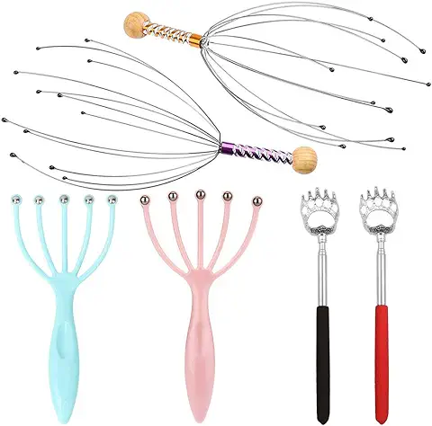 KECRULV Kit de Masaje para Cuero Cabelludo, 2 Rascadores de Cuero Cabelludo, 2 Rascadores Telescópicos para Espalda y 2 Masajeadores para Aliviar el Estrés y Sentirse Relajado  