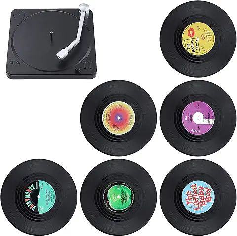 KEESIN - 6 Posavasos de Vinilo Antideslizantes y Aislantes con Diseño de Discos Retro, para Café u Otras Bebidas, con Soporte para los Discos, Color rojo  