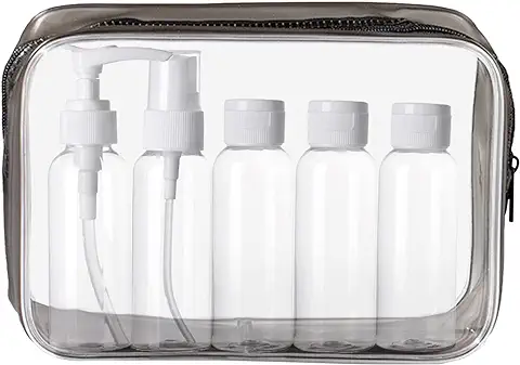 KEYRI Juego de Neceser Transparente con 5 Botellas Botes de Viaje 100ml Botes Vacios Bolsa de Vuelo para Líquidos Kit Viaje Avion para Champu Cosmetica (Negro)  