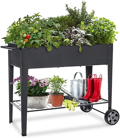 KHOMO GEAR Huerto Urbano Carrito Galvanizado Elevado para Cultivo en Casa Plantas Frutas Verduras Terraza Jardín Interior Exterior - Negro  