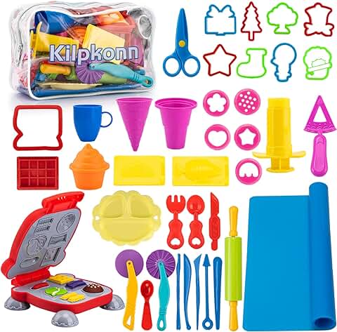 Kilpkonn Herramientas Plastilina para Niños, 41 Piezas de Moldes Plastilina para Crear Desayuno, Hamburguesa y Pasta, Accesorios de Arcilla de Modelado, Rodillos de Molde con Bolsa de Almacenamiento  