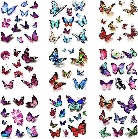 KINBOM 12 Hojas (118 Piezas) Tatuaje de Mariposa, 3D Colorido Calcomanía de Tatuaje Temporal Mariposa para Niñas Adultos Mujeres Maquillaje Diario Fiesta de Cumpleaños Carnaval (Estilos Mixtos)  