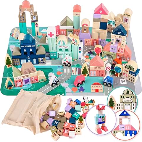 Kinderplay 115 Piezas Bloques Madera Construccion para Niños Puzzle Coloridos Señales de Trafico de Juguete Juegos Educativos para Niños 3 4 5 6 Años, KP8464  