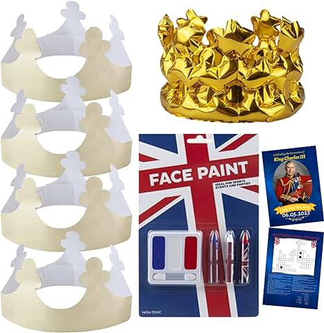 King Charles Coronation 2023,4 Coronas de Papel Metálico, 1 Corona Inflable, Accesorios para el Cabello de Coronación, Accesorio de Fiesta de Disfraces Novedoso y Elegante para Hombres  