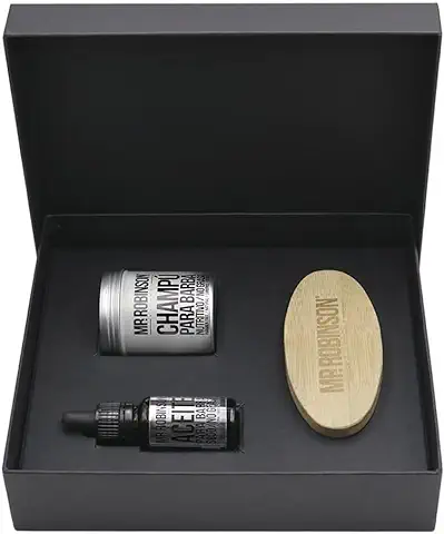 Kit 3 en 1 para el Cuidado de la Barba o Bigote Mr. Bearded de Mr. Robinson. Consta de Aceite Seco, Champú Nutritivo y Cepillo de Madera para Barba  