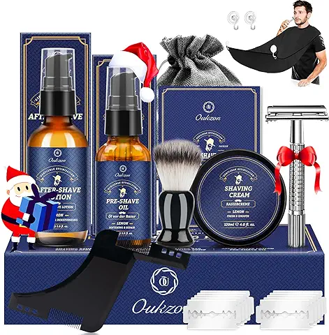 Kit Barba Cuidado Barba Hombre, Set Afeitado Hombre con Aceite Barba, Crema de Afeitar, Loción de Cuidado, Cepillo, Peine, Babero, Afeitadora Clásica y 10 Hojas, Mejor Regalos para Papa y Novio  