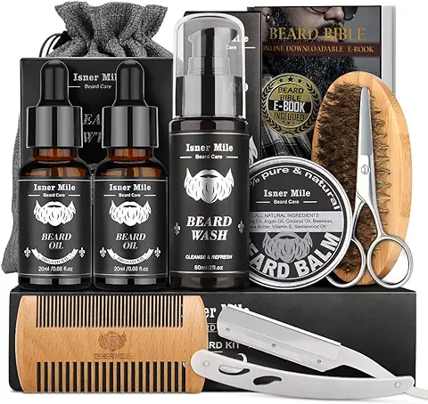 Kit Barba Cuidado Para Hombre, Kits en Cuidados Post-depilación y Afeitado Con Aceite Barba Hombre, Champú Barba, Bálsamo, Cepillo, Peine Barba, Tijeras, Regalos para Hombre Papá Padres  