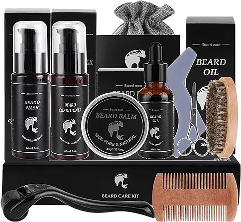 Kit Barba Cuidado Para Hombres, 10 en 1 Set Herramientas de Aseo, Con Aceite Barba, Champú Barba, Acondicionador, Balm, Cepillo, Peine, Tijeras, Plantillas, Roller, Regalos para Hombres Papa (10 en 1)  