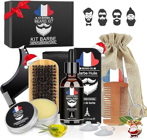 Kit Barba Cuidado para Hombres, Kit Cuidado Barba Hombre Completo con Aceite Barba, Bálsamo, Cepillo, Peine, Tijeras, Delantal de Afeitar, Regalos de Hombre para Papá, Novio, Caballero  