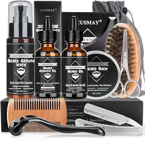 Kit Barba Cuidado para Hombres, Kit Cuidado Barba Hombre Completo con Champú Barba, Aceite Barba, Bálsamo, Afeitadora, Rodillo, Cepillo, Peine, Tijeras, Bolsa de Viaje, Regalos para Papá, Novio  