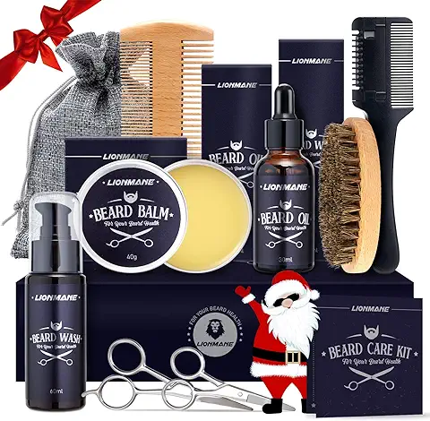 Kit Barba Cuidado para Hombres, Regalos Originales para Hombre, Lionmane Navidad Kit Barba Hombre, Champú, Peine de Afeitar, Peine, Cepillo, Aceite, Balsamo, Tijeras, Bolsa de Lona, Regalos Hombres  