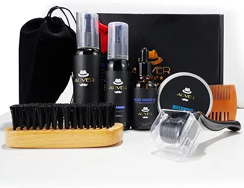 Kit Barba Hombre 7pcs Kit Crecimiento Barba con Rodillo Crecimiento Barba, Champú Barba, Aceite Barba, Bálsamo Barba, Cepillo Barba, Peine Barba, Bolsa, para Hombres Papá y Novio  