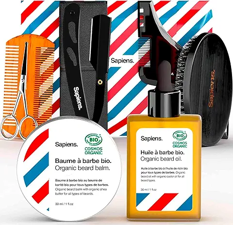 Kit Barba Hombre Sapiens Barbershop - Kit de Cuidado Barba y Afeitado con Navaja de Afeitar Barbero, Aceite Barba y Balsamo Barba BIO, Cepillo Barba, Peine Barba, Plantilla, Tijeras, Bolsa  