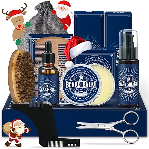 Kit Barba para Hombre, Beesjuy 11 in 1 Kit Barba con Champú Barba, Acondicionador, Aceite Barba,Bálsamo,Peine,Cepillo,Tijera de Barba, Bolsa de Almacenamiento, Regalo Hombres para Papá, Novio, Marido  