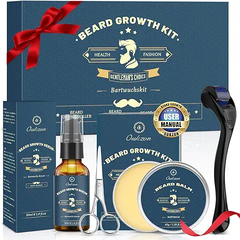 Kit Crecimiento Barba - Oukzon Rodillo Crecimiento Barba, Kit Cuidado Barba Hombres, Aceite Crecimiento Barba, Bálsamo, Tijeras Afeitado, Regalos de Cumpleaños para Hombres, Papá y Novio  