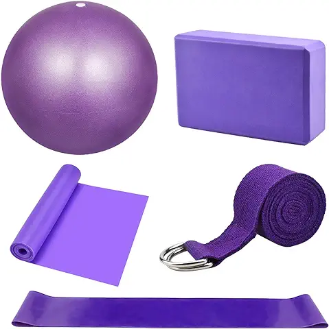 Kit de Accesorios para Pilates Set de 5 Bandas Elásticas Fitness,Goma Elasticas Musculacion,Bloque de Yoga,Pequeña Pelota de Pilates,Bandas de Resistencia para Yoga,Pilates,Fitness  