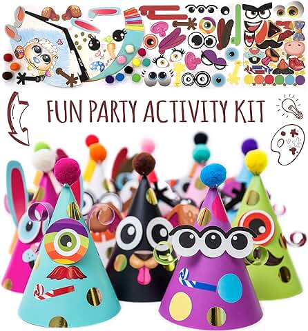 Kit de Actividades para Hacer Gorros de Fiesta – Bricolaje de Manualidades con 12 Sombreros Coloridos, Pompones y Pegatinas. Kit de Celebración Divertido para Niños y Niñas, Cumpleaños y Navidad  