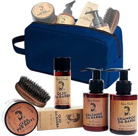 Kit de Barba para Hombre Renée Blanche - Juego que Consta de Champú, Acondicionador, Aceite, cera y Cepillo para Barba con Cerdas de Jabalí Reforzadas Made In Italy + ALTÉAX® Beauty  