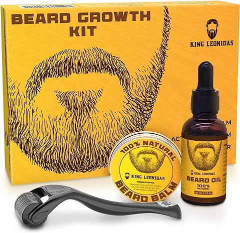 Kit de Crecimiento de Barba King Leonidas con Rodillo Derma de 0,25 mm, Herramienta de Microagujas para Hombres, Cuidado Profesional del Vello Facial con Bálsamo para Barba y Aceite para Barba  