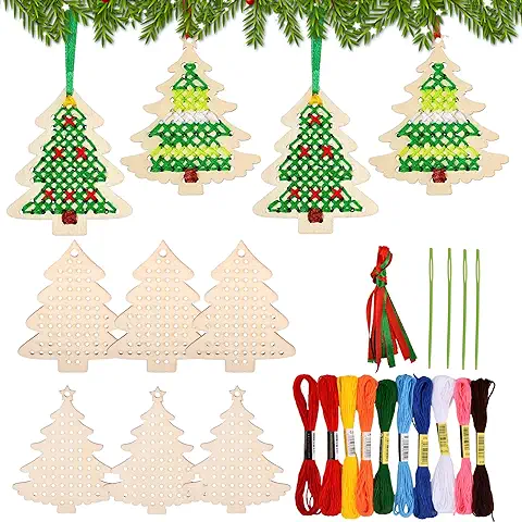 Kit de Decoración de Punto de Cruz de Navidad, 10 Piezas Kits de Punto de Cruz de Madera de Navidad, Punto de Cruz de Costura de Madera, Punto de Cruz de Costura de Madera para Niños Artículo Arte  