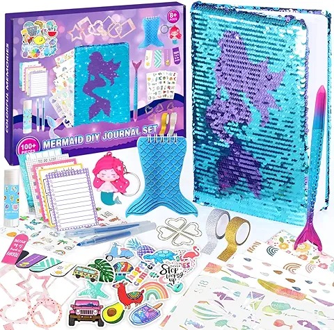 Kit de Diario de Sirena para Niñas, más de 100 Piezas de Lentejuelas Personalizadas para álbumes de Recortes y Diarios, Ideas de Regalos para Niñas de 8, 9, 10, 11, 12, 13, 14 Años, arte y  