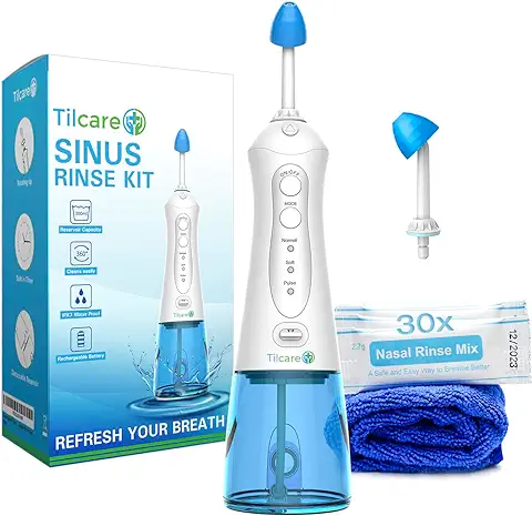 Kit de Lavado Nasal de Tilcare - Máquina Perfecta e Irrigador Nasal para Aliviar los Senos Nasales y las Alergias - Electric Neti Pot que Limpiará su Nariz- Viene con una Toalla y 30 Paquetes de sal  