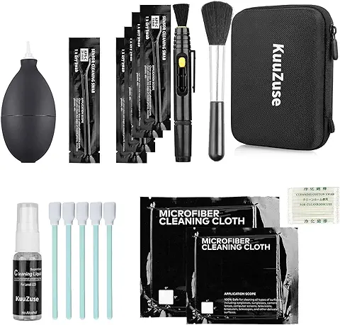 Kit de Limpieza Profesional de Cámaras DSLR de KuuZuse con Hisopos de Limpieza APS-C, Paños de Microfibra, Pluma de Limpieza de Lentes, para Lentes ópticas y Cámaras Digitales SLR  