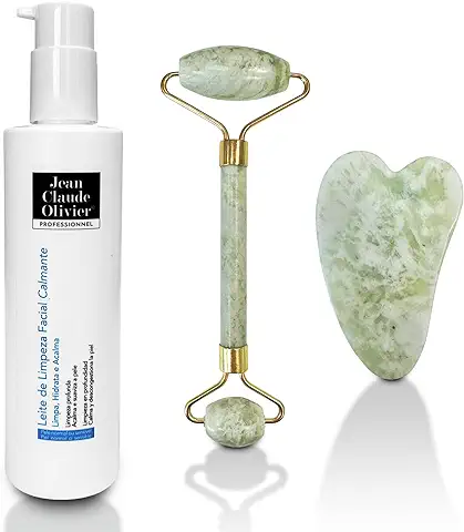 Kit De Masajeador Facial Rodillo Fabricado En Piedra De Jade, Reafirma Y Calma La Piel Del Cuerpo y Cara, Perfecto Para Masajes, Incluye Leche Limpiadora De 250ml Para El Cuidado Facial  