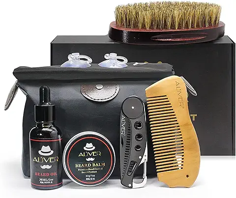 Kit de Preparación de Barba, 6 Piezas con Aceite Orgánico para Barba, Babero, Brocha, Peines, Bálsamo para Barba para el Crecimiento de Estilo de Barba con Bolsa de Almacenamiento de gran Capacidad  