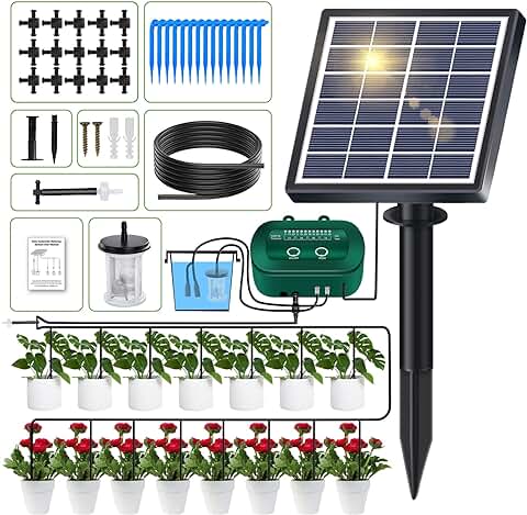 Kit de Riego por Goteo Automático Energía Solar, Sistema de Riego Automático de Jardín con 12 Modos de Temporizador + Manguera de 15 m para Jardín, Plantas de Balcón, Plantas en Macetas al Aire Libre  