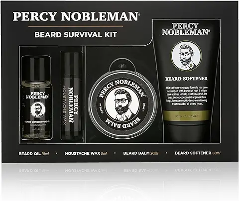 Kit de Supervivencia para Barba de Percy Nobleman, un Kit de Cuidado para la Barba que Contiene un Aceite Perfumado para Barba, Bálsamo para Barba, cera para Bigote y un Suavizante para Barba  