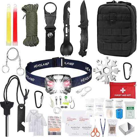 Kit de Supervivencia,Equipo de Emergencia,Kit Supervivencia Apagon de Emergencia,Multifuncional Equipo de Botiquín Primeros Auxilios Profecional,para Viajar Caminar Acampar al Aire Montaña  