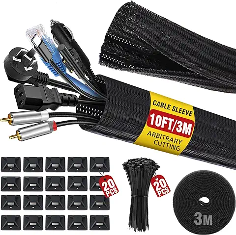 Kit Organizador Cables- Cubre Cables de 3m, Bridas Reutilizables de 3m, 20 Piezas Bridas Plastico, 20 Piezas Base de Adhesivo, Esconder Cable Recoge Cable Management para Escritorio/TV/PC/USB  