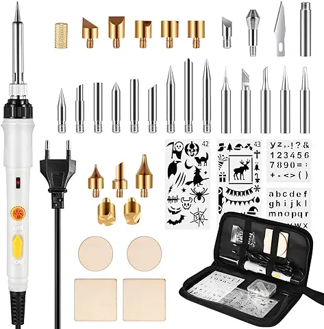 Kit Pirograbador de Madera SREMTCH 60W, 40 in 1 Temperatura Regulable 200°C y 450°C 30 Puntas y Accesorios,Soldador Electrico Profesional Herramientas Para Manualidades Cuero,Grabado  