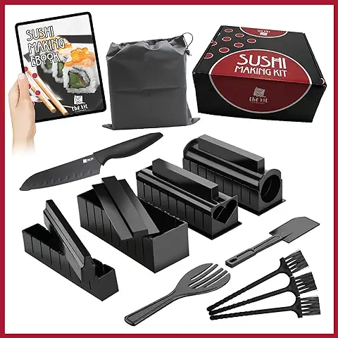 Kit Sushi de The Kit Company™: Equipo y Herramientas que Incluyen 15 Piezas, un Libro Electrónico Detallado, un Cuchillo de Sushi Profesional y una Espátula con Funda de Transporte  