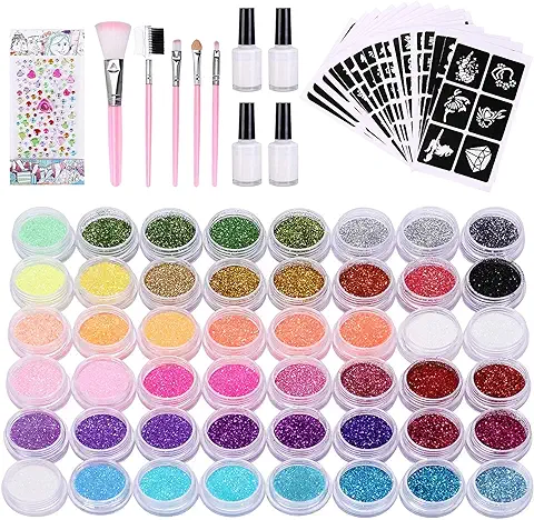 Kit Tatuajes Temporales, Kastiny 48 Colores Tatuajes Purpurina con 203 Plantillas Impermeable, Tatuaje Brillo Kit de Tatuajes para Niños Niñas Adultos Fiesta Regalos  