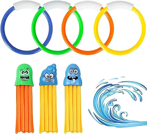 Kiuiom Juguetes para Nadar Bajo Agua, Juguetes de Buceo, Juguete Acuático para Piscina​, 4PCS Anillos de Buceo y 3PCS Pulpos de Buceo Juguetes de Piscina Entrenamiento Juego para Niños  