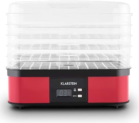 Klarstein Valle di Frutta - Deshidratadora, Desecadora, Secadora de Frutas, 5 Pisos, 250 W, Temperatura Regulable, Temporizador, Pantalla LCD, Panel de 2 Botones, Bandeja Fina, Rojo  