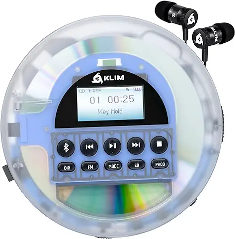 KLIM Nomad Transparent - Reproductor CD Portatil - Nuevo 2023 - Batería Interna de Larga Duración - Incluye Auriculares KLIM Fusion - CD Player Mini Compacto, Personal, CD-R, CD-RW MP3  