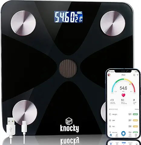 KNOCKY Bascula de Baño Digital Inteligente Bluetooth, Sin Pilas, Carga USB, Luz Artificial y Solar - Medición Alta Precisión Peso Corporal - Proteina -Grasa Corporal, Masa Muscular, IMC  