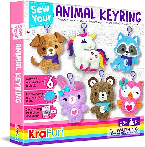 KRAFUN Kit de Llavero de Costura para Niños, Manualidades y Manualidades para Principiantes, Incluye 6 Figuras de Peluche, Instrucciones y Materiales de Fieltro para Aprender a Coser, Bordado  