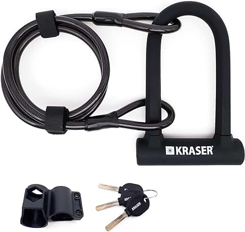 KRASER Kr65145b, Candado Bicicleta U Antirrobo Universal Cable De Acero Trenzado 120cm Soporte Alta Seguridad Adultos Unisex, Negro, Estándar  