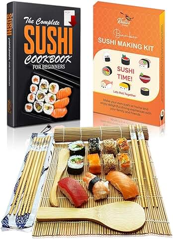 Krista's Kitchen Kit para Hacer Sushi – Sushi Maker Completo Set de Bambú Roller Mat - 2 Esteras, 5 Pares de Palillos, Cuchillo para Extender y Tutoriales EBook  