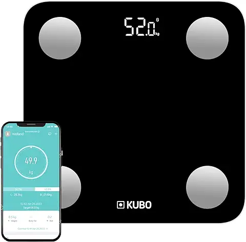 Kubo Báscula de Grasa Corporal, Báscula Baño Digital Inteligente, Bluetooth, 13 Monitores de Composición Corporal, para Andriod y iOS, 180Kg, Negro  